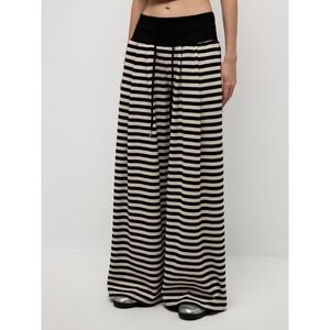 NEW Roller On Ruller Knitted Stripe Wide Leg Pants Black White Elastic Waist